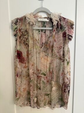 Zimmermann Floral Sheer Ruffle Sleeveless Blouse in Blush, Green, and Rose